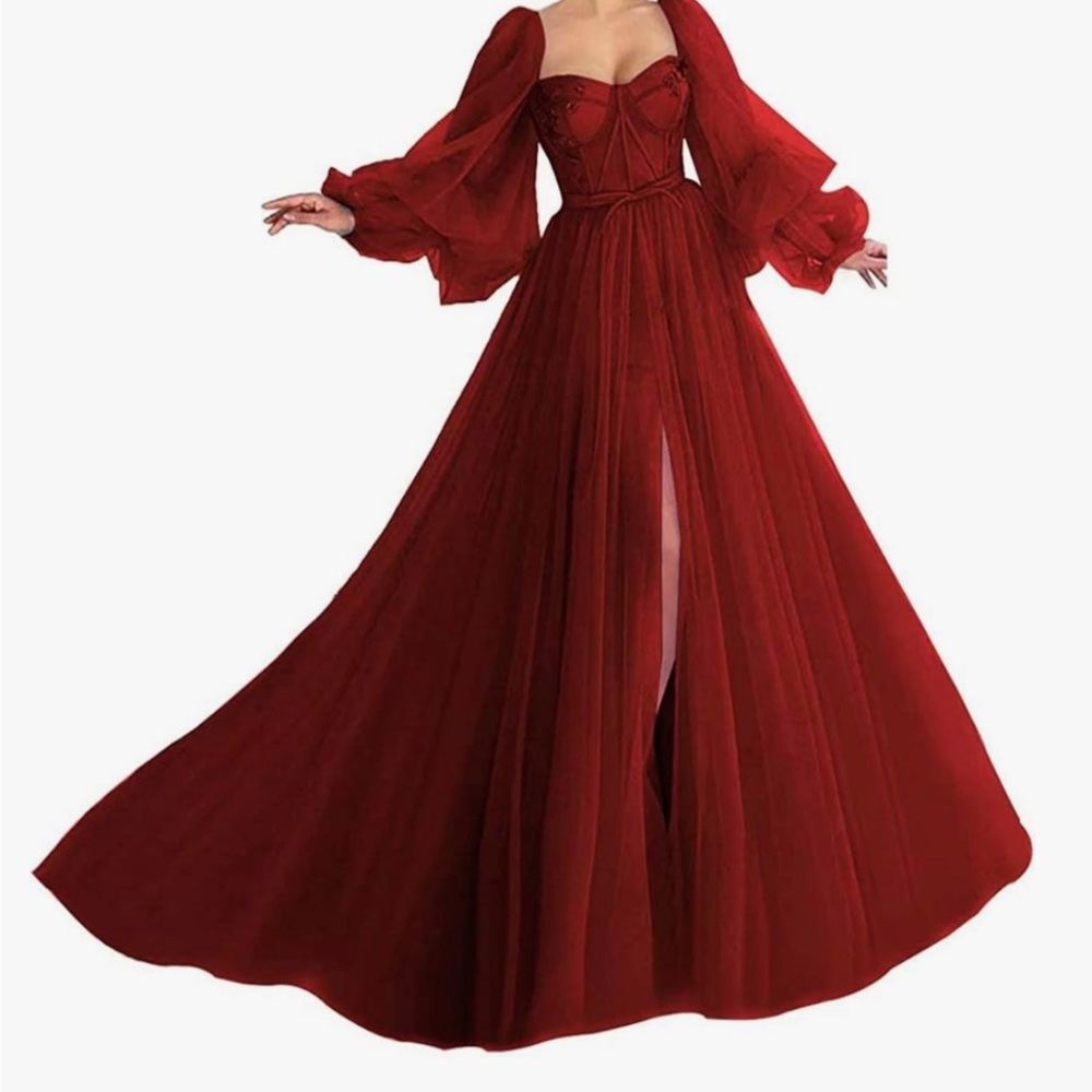 Elegant Red Gown with Sheer Sleeves and Tulle skirt with slit.